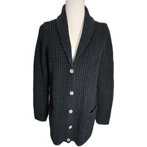 Lands End Womens Chunky Waffle Knit Shawl Collar Cardigan Sweater Sz S Black